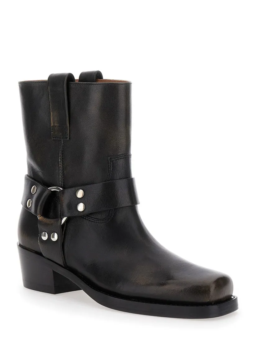 Roxy' Black Western Style Ankle Boots With Brown Nuances In Leather