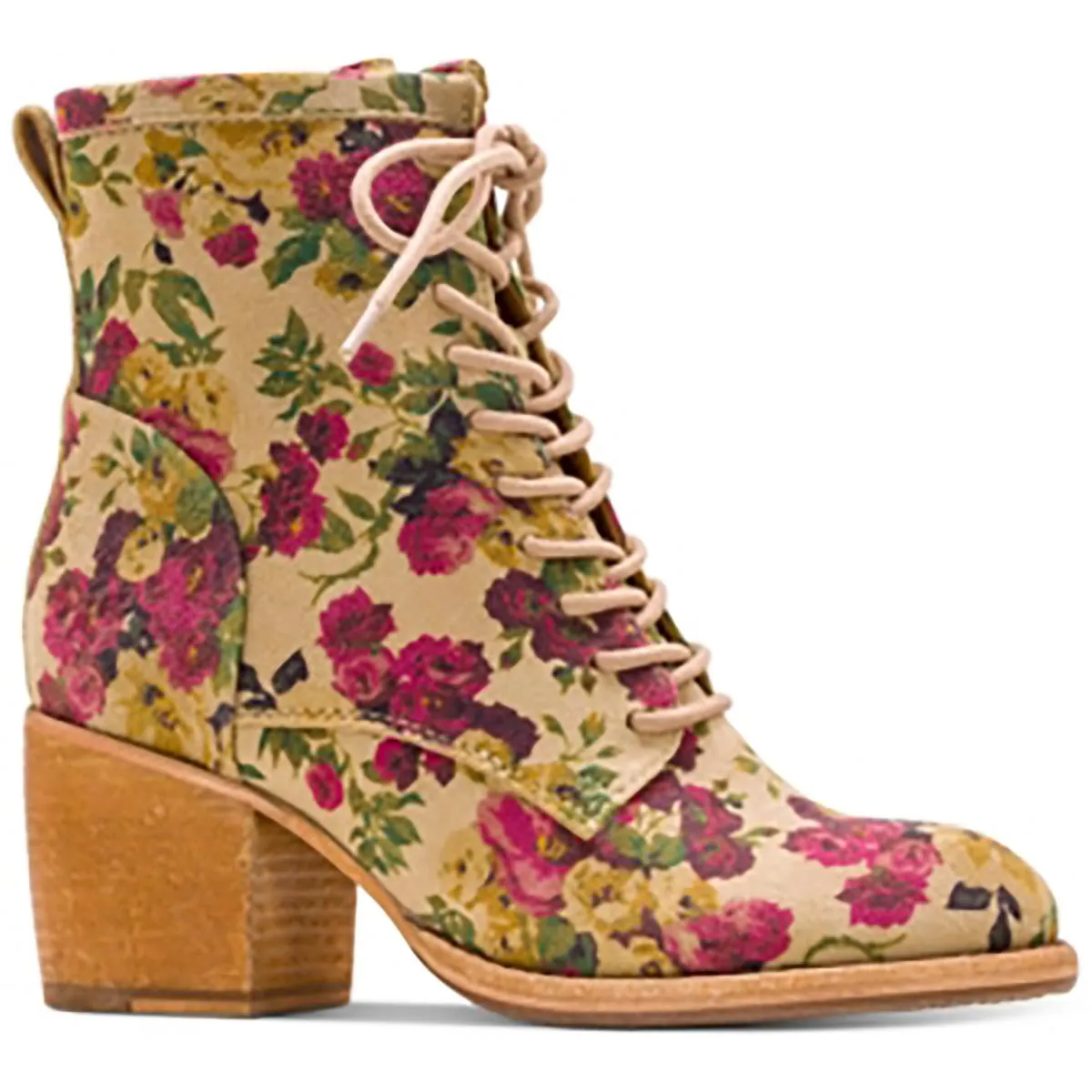 Sicily Womens Floral Print Faux Suede Combat & Lace-Up Boots