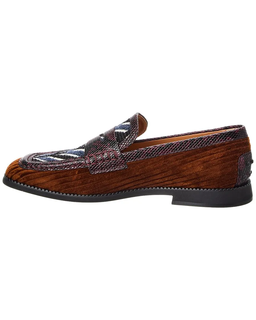 TODs Kate Gommino Velvet & Embossed Leather Loafer