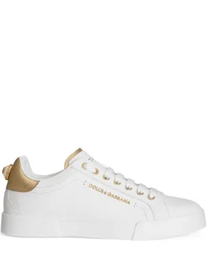 White Leather Sneakers With Gold Accents
