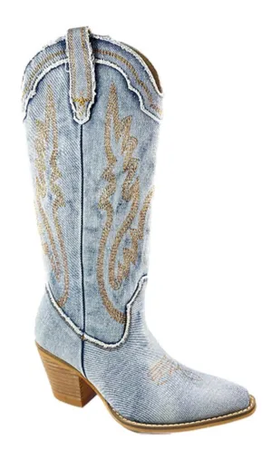 Women's Denim Calf Western Boot In Blue