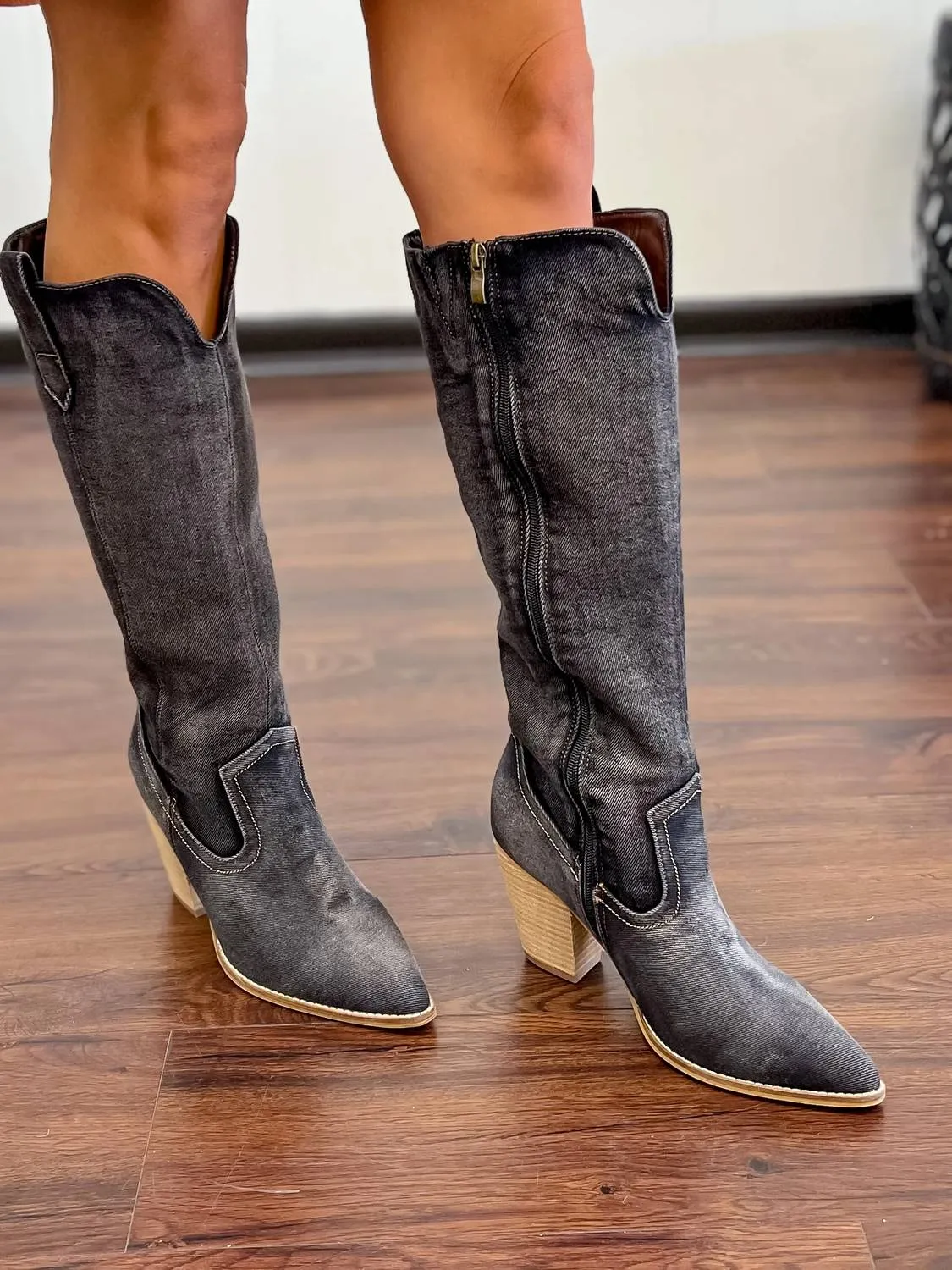 Women's Talk Is Cheap Washed Boots In Dark Denim