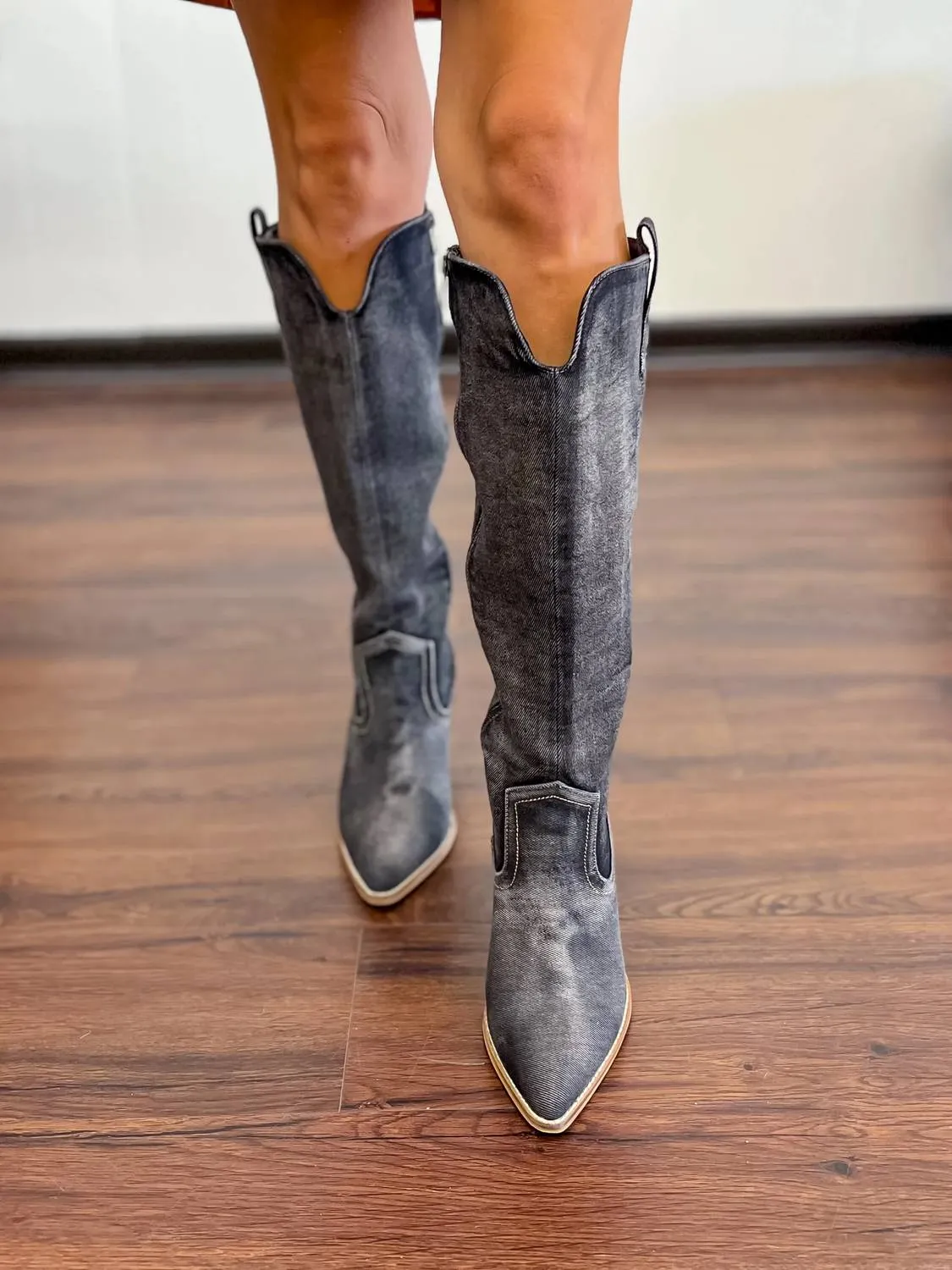 Women's Talk Is Cheap Washed Boots In Dark Denim